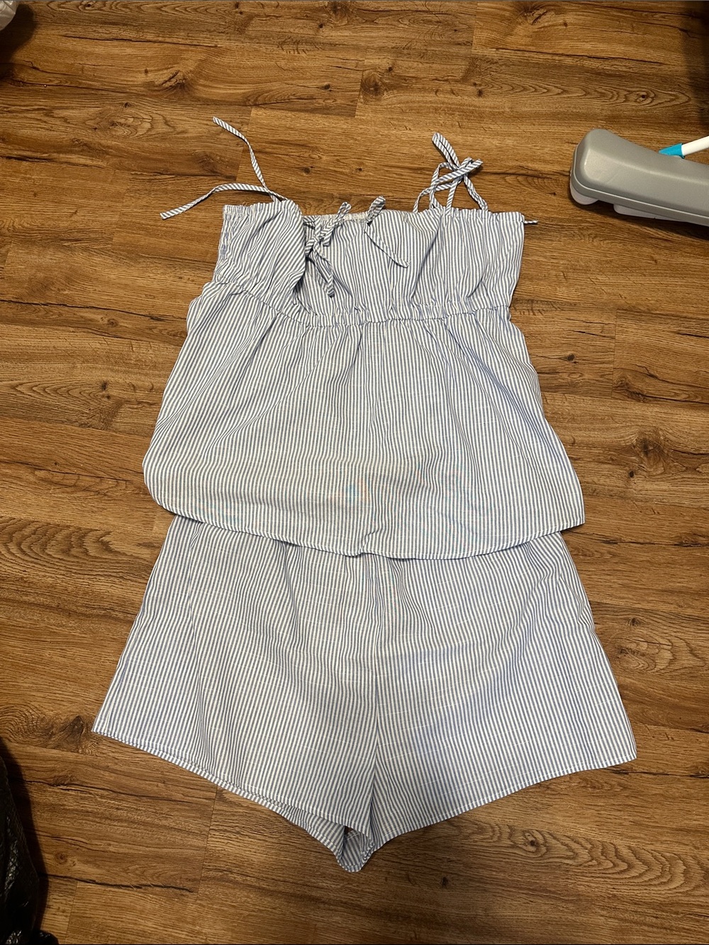 SHEIN Blue and White Striped Tie-Shoulder Tank Romper